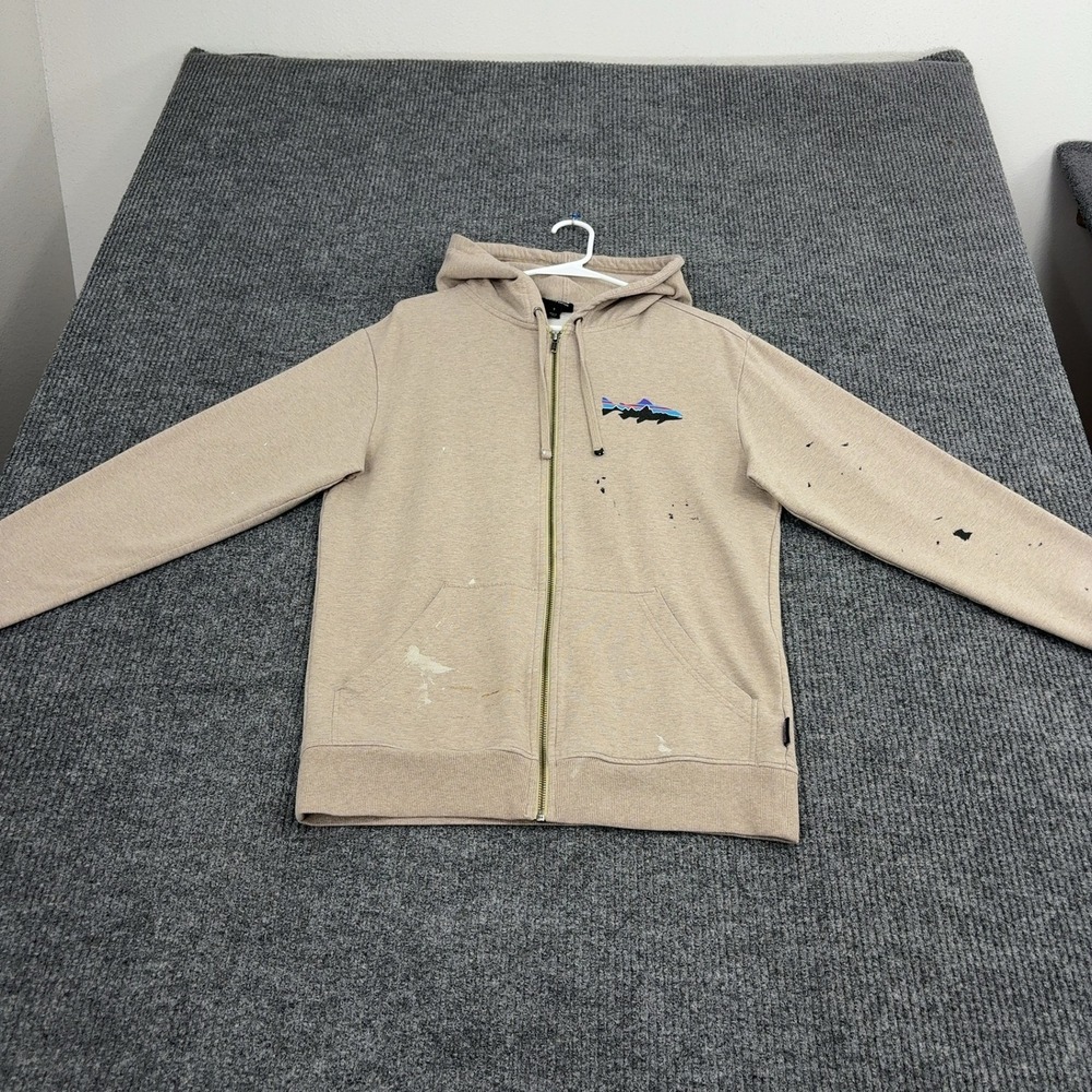 Patagonia Hoodie Mens S Beige Organic Cotton Trout Logo Full Zip Distressed Gorp